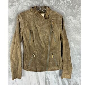 Michael Kors Womens Suede Moto Jacket Olive Brown Gold Hardware Size 6 S